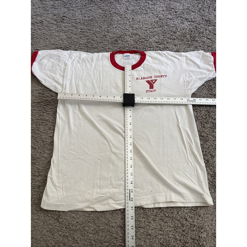 Vintage Champion T-Shirt Mens Medium White Red Ringer Klamath County YMCA Staff - Picture 10 of 10